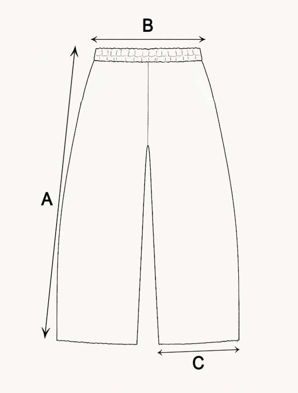 Pleated sweatpants measurement diagram: A length, B waist, C leg opening